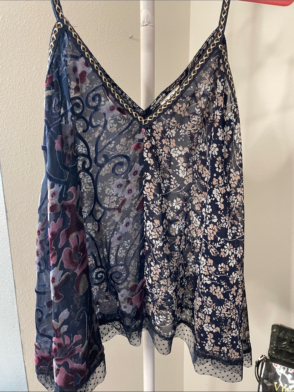 POL navy floral patchwork sheer tank with embroidered straps